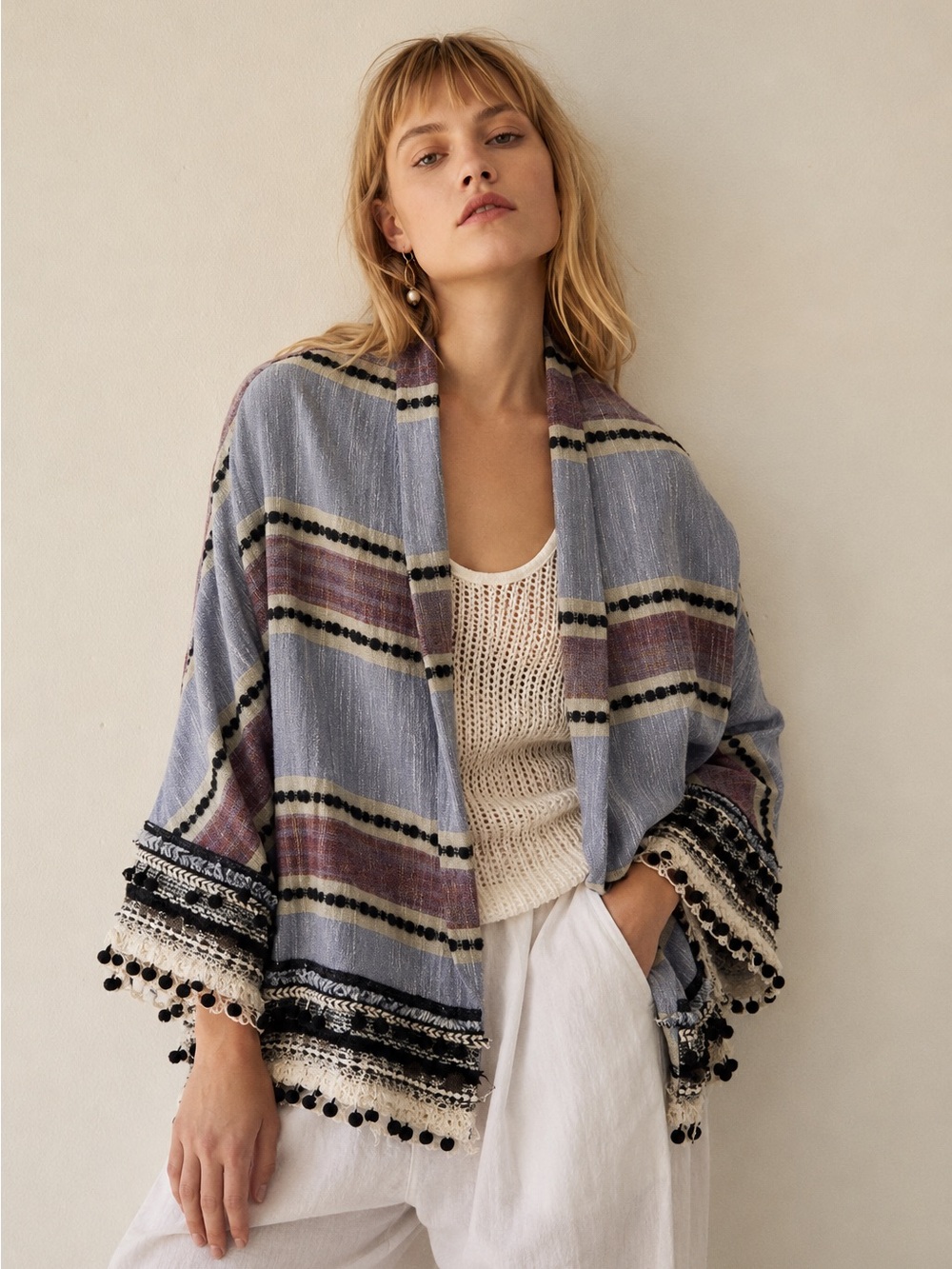 Zara Woman Oversized Cardigan Ethnic Stripe Tassel Kimono Cardigan Size Small
